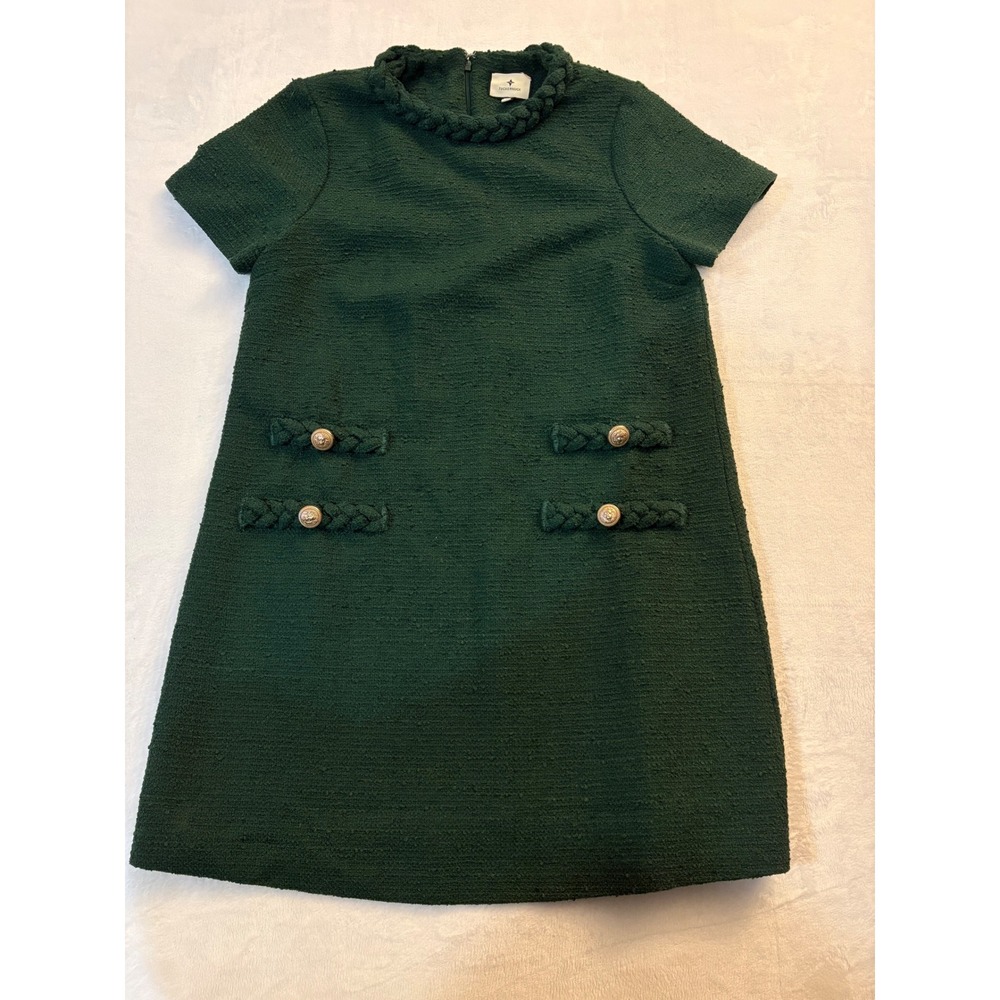 Tuckernuck Hunter Green Tweed Jackie Dress Short Sleeve Gold Button Shift L - Picture 2 of 7